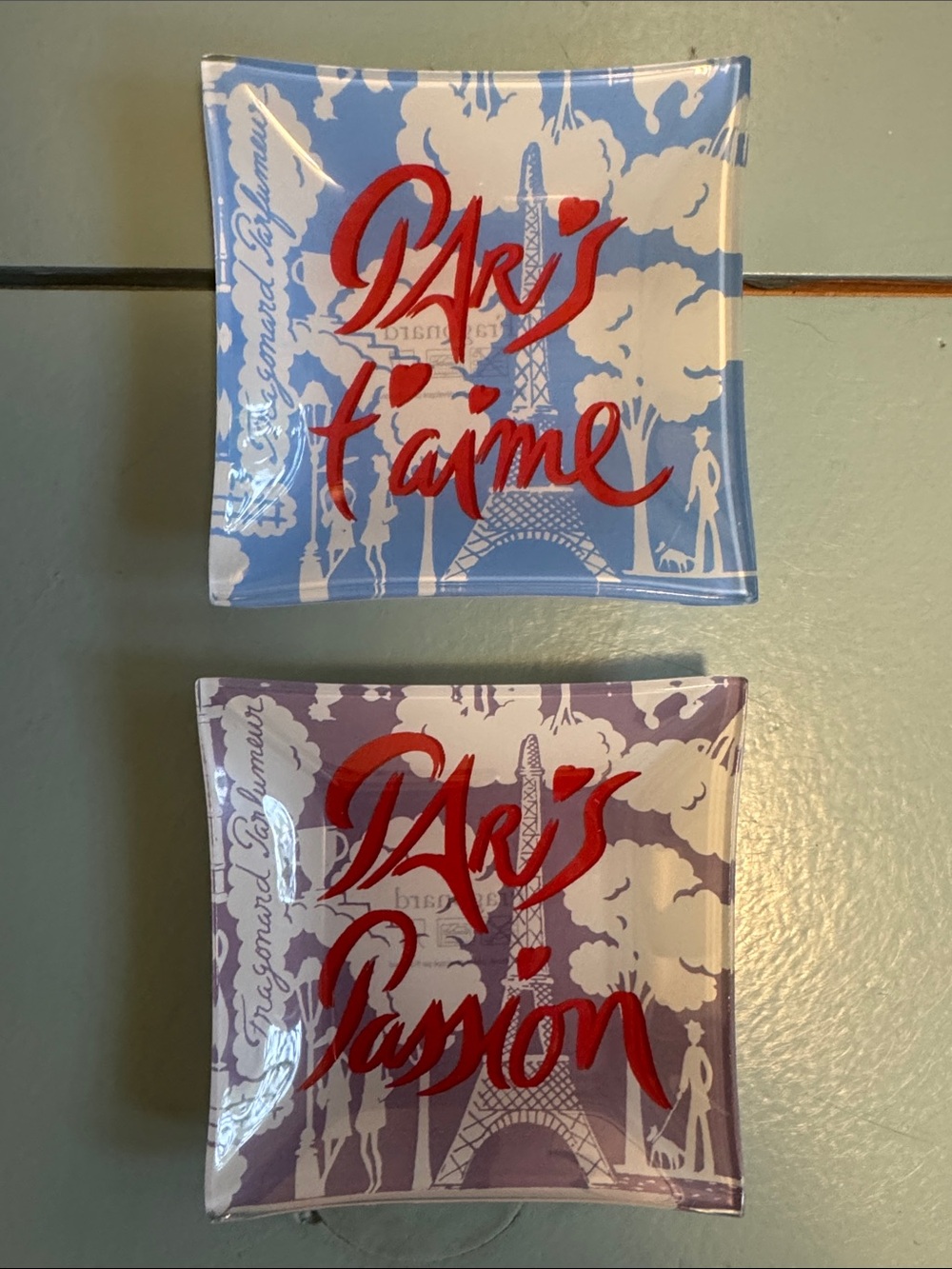 Paris-themed Glass Trinket Dish - Blue and Purple with Red Script